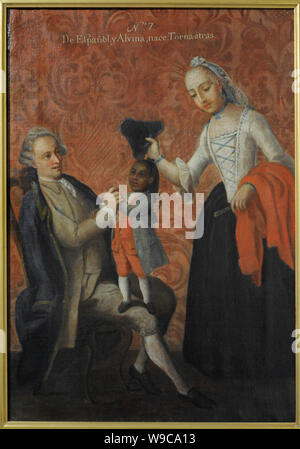 Andres de Islas (Maler aktiv während der zweiten Hälfte des 18. Jahrhunderts). Castas, Nr. 7. De español y Albina, nace Torna atrás (von Spaniard und Albina, eine Return-Backwards geboren ist), 1774. Öl auf Leinwand (75 x 54 cm). Vizekönigreich Neuspanien. Mexiko. Museum des Amerikas. Madrid, Spanien. Stockfoto