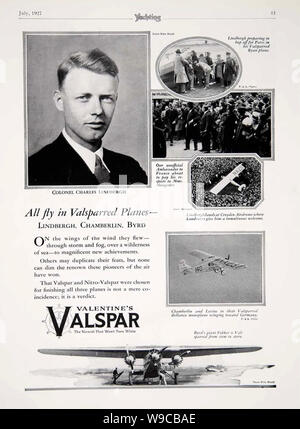 CHARLES LINDBERGH (1902-1974) amerikanische Flieger in einem 1927 Werbung für die Valspar Lack auf sein Flugzeug " Geist von Saint Louis verwendet Stockfoto