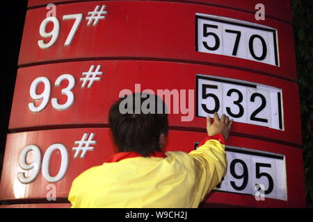 Eine chinesische Service station Arbeitnehmer aktuelles Benzinpreise an der Tankstelle in Kunming, Provinz Yunnan im Südwesten Chinas, 24. März 2009. China, t Stockfoto