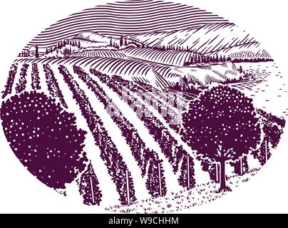 Eine lithographische Schwarz und Weiß, Wein oder Traubenmost Weinberg Abbildung. Reihen von Pflanzen Zeile ein Feld in der Ferne sind einige Gebäude, Hügel und Bäume Stock Vektor