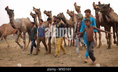 Rabari Kamel herder am Pushkar Camel Fair, Rajasthan. Die Messe ist die größte Camel fair in Indien. Stockfoto