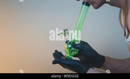 Die Person hält in seiner Hand Bong mit frischen medizinisches Marihuana Knospen. Konzept der Rauchen von Cannabis. Hanf ist eine pflanzliche Arzneimittel Stockfoto