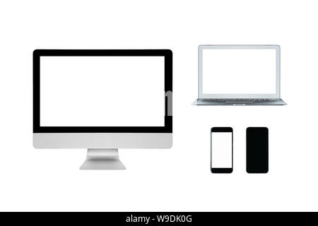 Smart Computer, Laptop und Smartphone mit leeren weißen Bildschirm auf weißem Hintergrund. Stockfoto