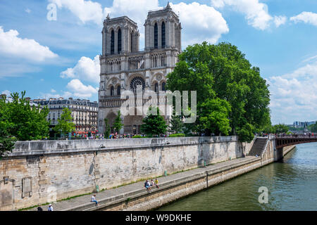 Die Kathedrale Notre-Dame und Pont au Double aus gesehen auf der anderen Seite der Seine, Ile de la Cité, Paris, Frankreich Stockfoto