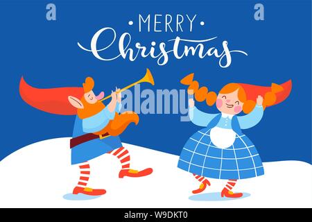 Weihnachten Poster vektor design mit cartoon Zwerge tanzen und spielen Musik Stock Vektor