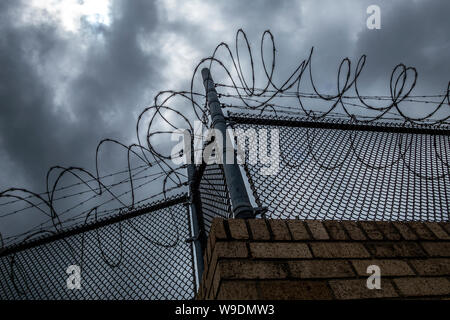 Sicherheit Grenz zaun mit Stacheldraht, Brownsville, Texas, USA Stockfoto