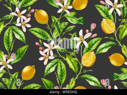 Zitrone Zweig nahtlose Muster Aquarell baum mit blumen realistische Botanischen floral Oberfläche Design: Ganze halbe Zitrusfrucht Blätter auf Creme beige Stockfoto