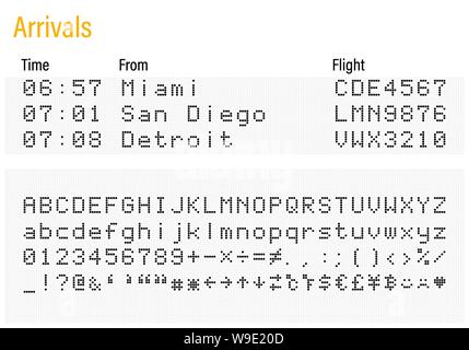 LED-Elektronik digital Font, Buchstaben, Zahlen und Symbole Vector Illustration für Flughafen, Zug Information und Sport Anzeigetafel - schwarze Schrift Stock Vektor