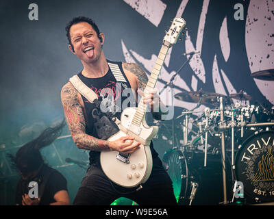 Trivium auf der Bühne des 2019 Copenhell Festival in Kopenhagen, Dänemark. Hier Gitarrist und Sänger Matt Heafy. Stockfoto