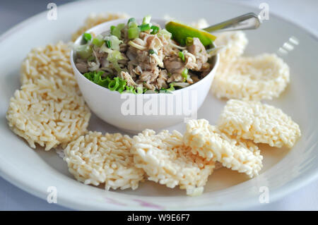 Knusprige Reis, knusprigen Reis Kuchen oder reiskräcker mit würzigen Thunfisch Salat im thailändischen Stil Stockfoto