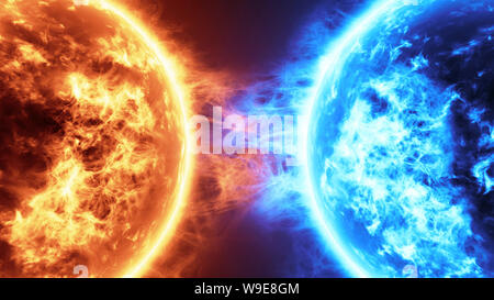 Realistische 3D-Darstellung Feuer Planet Vs Frozen Planet. Sun Oberfläche mit Sonneneruptionen gegen gefrorenen Planeten isoliert auf Schwarz. Sehr realistisch, sun Stockfoto