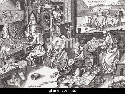 Eine Familie von alchemisten an der Arbeit. Eine Abbildung des 17. Jahrhunderts nach einem Werk von Pieter Bruegel. Stockfoto