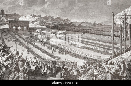 Feier in der Champs-de-Mar, Paris, 14. Juli 1799, zum ersten Jahrestag der Erstürmung der Bastille. Der französische Nationalfeiertag, der Tag der Bastille, 14. Juli fährt zu diesem Tag. Stockfoto