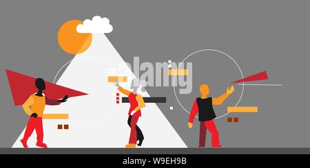Teamwork, Arbeitsprozess in einer Gruppe von Menschen, abstrakte Komposition im Stil der Avantgarde oder abstrakt. Brainstorming, Menschen-zu-team Internet. Stock Vektor
