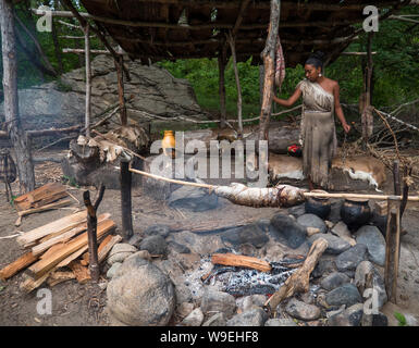Wampanoag Frau einen großen Fisch Kochen über dem offenen Feuer Stockfoto