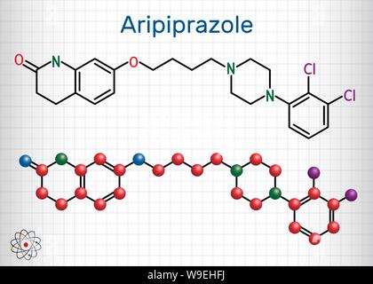 Aripiprazol, Neurotransmitter, atypisches antipsychotisches Rauschgift Molekül. Strukturelle chemische Formel und Molekül-Modell. Blatt Papier in einem Käfig. Vecto Stock Vektor