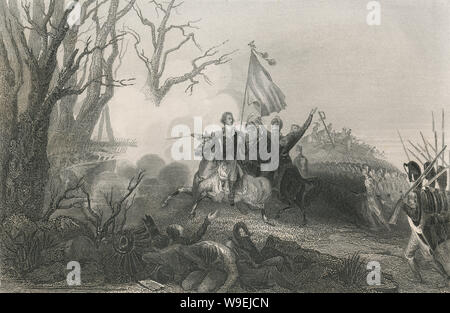 Antike 1873 Gravieren, George Washington in Princeton, New Jersey, in der Nähe der britischen Linien; ein Offizier in der Nähe von ihm geschossen. Von R.Hinshelwood gezeichnet; durch Smillie & Hinshelwood eingraviert. Die Schlacht von Princeton war eine Schlacht des Amerikanischen Unabhängigkeitskrieges, in der Nähe von Princeton, New Jersey am 3. Januar 1777 kämpfte und endet in einem kleinen Sieg für die Kolonisten. Quelle: ORIGINAL GRAVUR Stockfoto