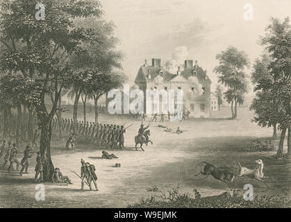 Antike Stahlstich 1873, die amerikanischen Truppen belagern Sie die Kauen Haus während der Schlacht von Germantown. Durch A. Koellner gezeichnet; durch Rawdon Wright & Luke eingraviert. Der Schlacht von Germantown war ein großes Engagement in der Philadelphia Kampagne der amerikanischen revolutionären Krieg. Quelle: ORIGINAL GRAVUR Stockfoto