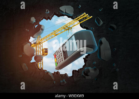 3D-Rendering von Hebekran mit Point-of-Sale Terminal und das Loch in der Wand mit blauem Himmel durch gesehen. Stockfoto