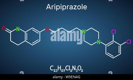 Aripiprazol, Neurotransmitter, atypisches antipsychotisches Rauschgift Molekül. Strukturelle chemische Formel auf dem dunkelblauen Hintergrund. Vector Illustration Stock Vektor