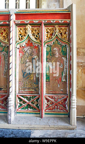 Panel Details in der Südseite Lettner in der Pfarrei Allerheiligen im Thornham, Norfolk, England, Vereinigtes Königreich, Europa. Stockfoto