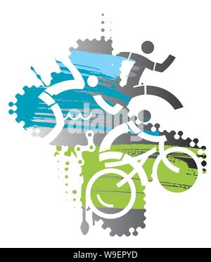 Triathlon Rennen grunge stilisiert. Drei triathlon Athleten auf der grunge Hintergrund. Vektor verfügbar Stock Vektor