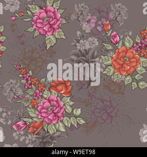 Nahtlose textilen Blüten mit dunklen staubigen Boden Digital Print Design Stockfoto