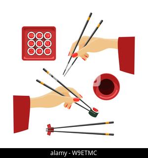 Orientalische Hände mit Stäbchen Stock Vektor