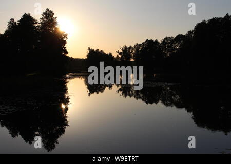 Teich bei Sonnenuntergang in Bialowieża, Polen Stockfoto