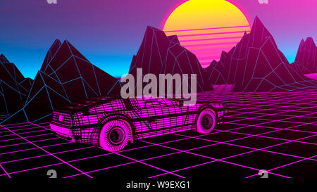80s Retro Sci-Fi Hintergrund mit dem Auto futuristische Synth retro Wave 3d-Abbildung. Stockfoto