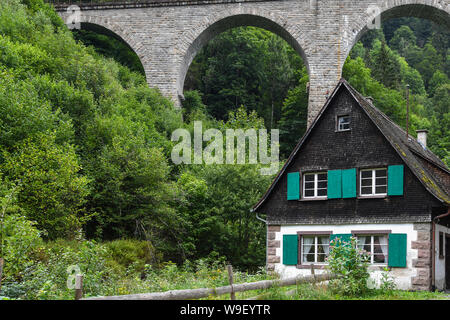 Charmante Deutsche Haus mit grünen Fensterläden von alten train trestle in Schwarzwald Stockfoto