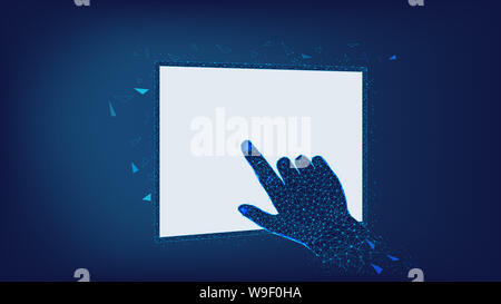 Polygonale Abbildung: Hand und Tablette aus Dreiecken und Punkte. Stockfoto