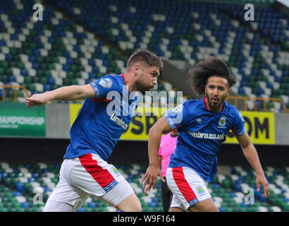 Windsor Park, Belfast, Nordirland, Großbritannien. 13. Aug 2019. UEFA Europa League, der dritten Qualifikationsrunde (2. Bein), Linfield (blau) v FK Sutjeska Niksic. Aktion von heute Abend Spiel. Markieren Stafford feiert sein Ziel. Cjredit: David Hunter/Alamy Leben Nachrichten. Stockfoto