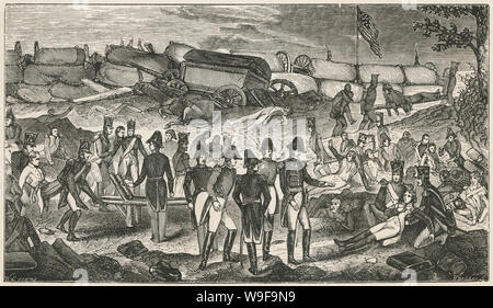 Antike 1873 Gravieren, Szene nach der Schlacht von New Orleans. Die Schlacht von New Orleans wurde am 8. Januar kämpften, 1815 zwischen der britischen Armee unter Major General Sir Edward Pakenham und der United States Army unter Brevet Major General Andrew Jackson. Die Amerikaner litten rund 250 Toten, während die Briten rund 2.000 gelitten. Quelle: ORIGINAL GRAVUR Stockfoto