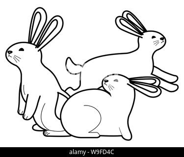 Cute drei Kaninchen Tiere Cartoons in Schwarz und Weiß Stock Vektor