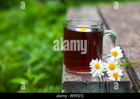 Ein Bouquet von kamillenblüten und Kräutertee auf einer hölzernen alten Hintergrund im Garten. Rustikal still life Stockfoto