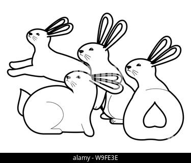 Cute drei Kaninchen Tiere Cartoons in Schwarz und Weiß Stock Vektor