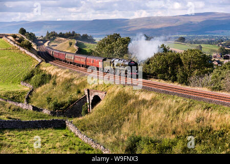 Kirkby Stephen, Cumbria, Großbritannien. 13 Aug, 2019. 1940 Dampflok "britischen Indien Line' Nr. 35018 mit "Die Dalesman' Dampf special auf Birkett Gemeinsamen in der Nähe von Kirkby Stephen, Cumbria. Hier auf dem Rückweg gesehen, der Zug von New York nach Carlisle und Rückkehr, mit Dampf Transport von hellifield in der Nähe von Skipton nach Carlisle und zurück. Quelle: John Bentley/Alamy leben Nachrichten Stockfoto