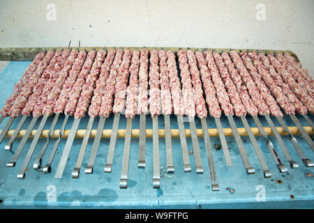 Lula Kebab am Spieß, Traditionelle kaukasische Teller, close-up. Appetitlich lula Kebab gegrillt auf Metall Spieß. Kochen Fleisch. Stockfoto