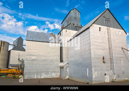 Washington, Palouse Region Rosalia, stahl Korn-lagerung-Gebäude, Zug Lokomotive bei niedrigen Links Stockfoto