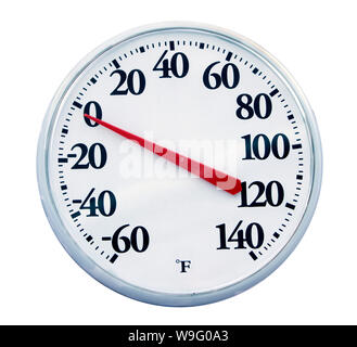 Außenthermometer zeigt null Grad Fahrenheit an einem eiskalten Wintermorgen. Horizontale erschossen. Auf weiß isoliert. Stockfoto