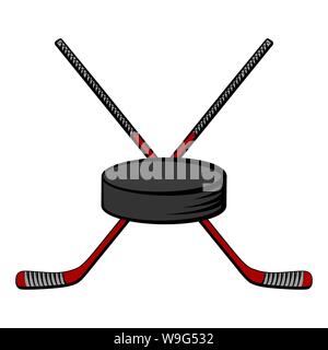 Gekreuzte rote Hockeyschläger und Puck. Vektor Cartoon Illustration Stock Vektor
