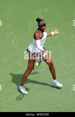 Cincinnati, OH, USA. 13 Aug, 2019. Westliche und Südliche Open Tennis, Cincinnati, OH, August 10-19, 2019. Venus Williams spielt eine Kugel gegen Kiki Bertens während der Westlichen und Südlichen Open Tennis Turnier in Cincinnati, OH gespielt. Williams gewann 6-3 3-6 7-3. August 13, 2019. Foto von Wally Nell/ZUMAPress Credit: Wally Nell/ZUMA Draht/Alamy leben Nachrichten Stockfoto