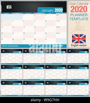 Nützliche Schreibtisch Kalender 2020 mit Platz ein Foto zu platzieren. Größe: 210 mm x 148 mm. Englische Version - Vektorbild Stock Vektor