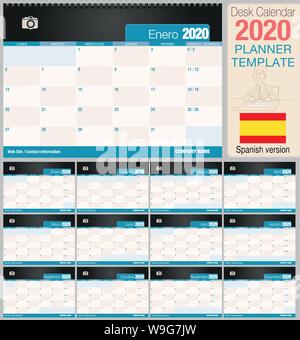 Nützliche Schreibtisch Kalender 2020 mit Platz ein Foto zu platzieren. Größe: 210 mm x 148 mm. Spanische Version - Vektorbild Stock Vektor