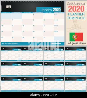 Nützliche Schreibtisch Kalender 2020 mit Platz ein Foto zu platzieren. Größe: 210 mm x 148 mm. Portugiesische Version - Vektorbild Stock Vektor