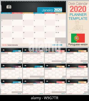 Nützliche Schreibtisch Kalender 2020 mit Platz ein Foto zu platzieren. Größe: 210 mm x 148 mm. Portugiesische Version - Vektorbild Stock Vektor