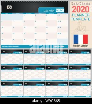 Nützliche Schreibtisch Kalender 2020 mit Platz ein Foto zu platzieren. Größe: 210 mm x 148 mm. Französische Version - Vektorbild Stock Vektor