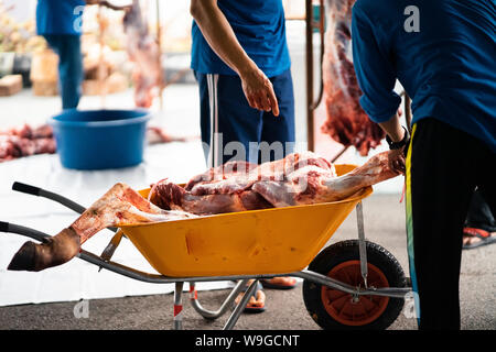 Rohes Fleisch vom Tier Schlachten durchgeführt an einem dritten Tag von Hari Raya Aidil Adha in Malaysia. Fleisch befördert mit sauberem wheel Barrow während Stockfoto