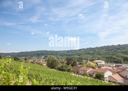 Panorama von Saint Savin, kleinen französischen Dorf Isere, in der Dauphine Provinz, mit mittelalterlichen katholischen Kirche und andere historische Gebäude aus gesehen. Stockfoto